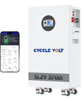 48V 300Ah LiFePO4 Lithium Battery 16kWh with display next to smartphone for app control, mobile monitoring, and storage.