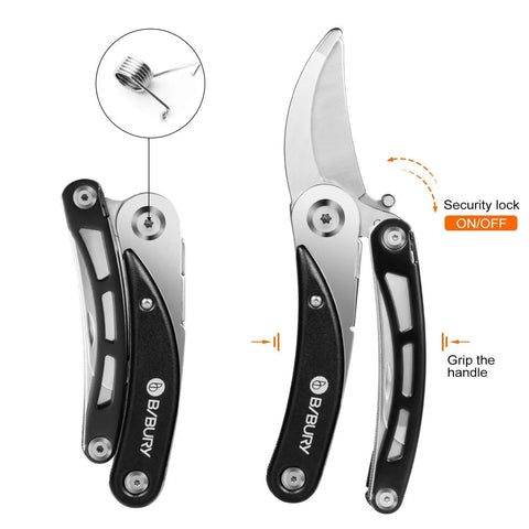 Five In One Garden Pruner Multitool with 420 stainless steel blades and folding scissors for pruning trees, shrubs, bonsai.