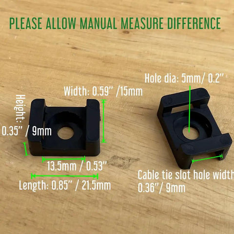 Two Size Cable Tie Saddle Base Mounts For Securing Cables Wires And Cords 100 Piece Set Screw In Install with dimensions view