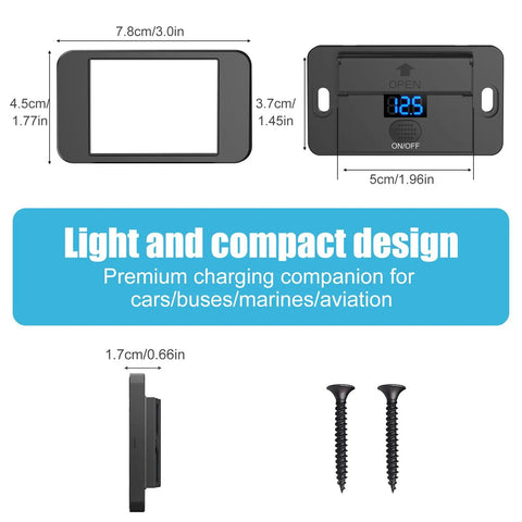 Two Pack 12V USB Outlet Panel With Real Time Voltmeter And Dual USB C Fast Charging Cigarette Lighter Socket Replacement Button Switch Surface Mount dimensions and design.