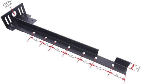 Tough As Nails Steel Bed Frame Extension Bracket Set showing a heavy duty black steel piece with precise measurements and holes.