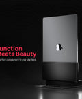 Dead Simple Vertical Thunderbolt 4 MacBook Docking Station Driving Two 4K Displays At 60Hz With Twelve Rock Solid Ports And Hella Fast 96 Watt Charging Plus Magsafe, showcased upright with a sleek MacBook.