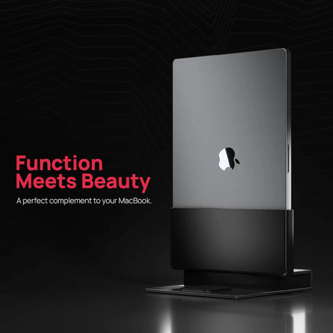 Dead Simple Vertical Thunderbolt 4 MacBook Docking Station Driving Two 4K Displays At 60Hz With Twelve Rock Solid Ports And Hella Fast 96 Watt Charging Plus Magsafe, showcased upright with a sleek MacBook.