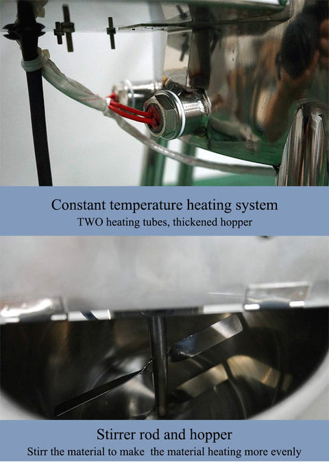 Built Tough Commercial Lipstick Filling Machine With Dual Stirrer And Quick Heating Tubes For Wax Honey Lotion Petrolatum And Cream 15 Liter Tank heating system detail with dual tubes and stirrer.