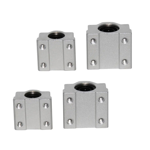 Heavy Duty Linear Motion Ball Bearing Slide Block Bushing Built Tough With Aluminum Housing And Rock Solid LMUU Bearings To Glide Super Clean On CNC 3D Printer Shafts And Custom Rail Kits SCS12UU, showing four aluminum slide blocks.