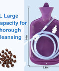 Home Use Colon Cleanse Enema Bag Kit 2L With 4 Tip Nozzles, purple bag with hose and clamp, shown with coffee beans.
