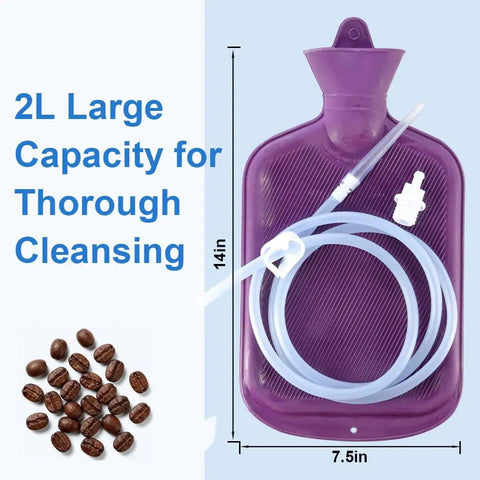 Home Use Colon Cleanse Enema Bag Kit 2L With 4 Tip Nozzles, purple bag with hose and clamp, shown with coffee beans.