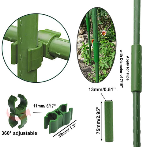 All In One Garden Trellis Kit With Plant Clips And Stake Connectors Includes Six A Type Joints Twelve Extenders Twenty Four Rotatable Plant Clips Twenty Plant Clips And Ninety Eight Point Four Feet Of Plant Ties For A Medium Sized Garden Trellis showing connectors and clips measurements.