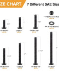 Size chart of 175-Piece 1/4-20 Flat Socket Head Screws Set With Black Oxide Finish, stainless steel, various lengths