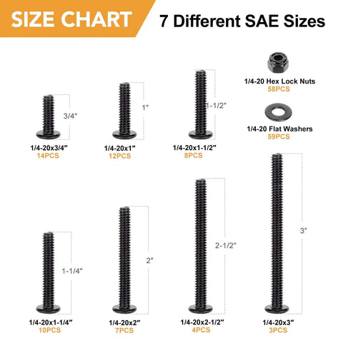 Size chart of 175-Piece 1/4-20 Flat Socket Head Screws Set With Black Oxide Finish, stainless steel, various lengths