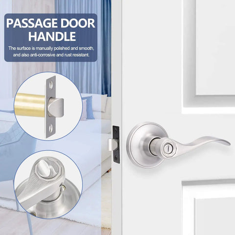 Silver passage door handle on a white door with close-up insets of latch mechanism and mounting, text overlay with features.