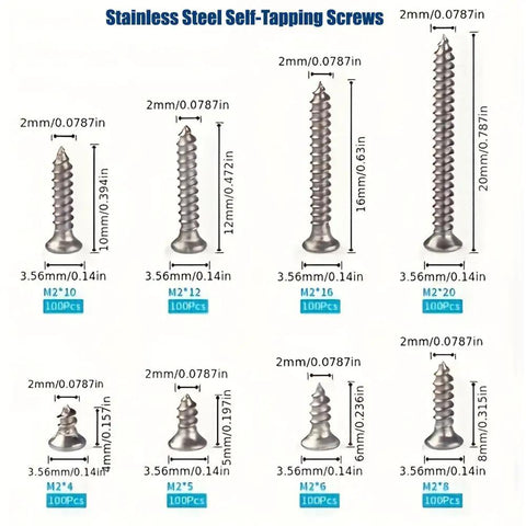 Diagram of Premium DIY Self Tapping Screws Set With Screwdriver For Woodworking, Stainless Steel Metal Fasteners Kit sizes M2x4 to M2x20