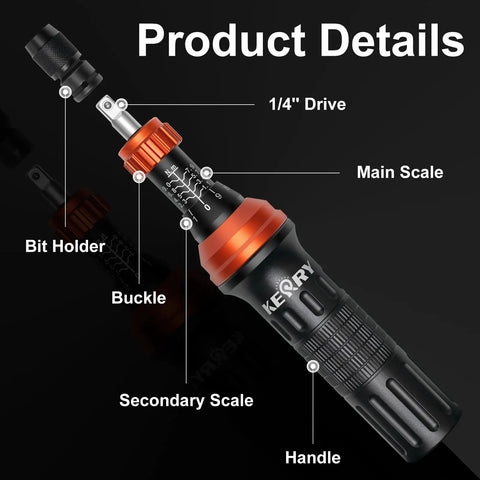Heavy Duty Quarter Inch Drive Torque Screwdriver Set With 10 To 80 In Lb Range And 34 Bit Kit S2 Steel Standard Phillips Slotted Torx And Hex Bits Quick Change Adapter For Precise Maintenance Tasks, 1/4" drive handle and bit holder