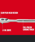 1/4 Inch Drive 72-Tooth Pear Head Ratchet Wrench With Chrome Finish For Corrosion Resistance Minimal Arc Swing No-Fuss Easy Size Markings