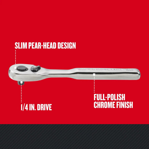 1/4 Inch Drive 72-Tooth Pear Head Ratchet Wrench With Chrome Finish For Corrosion Resistance Minimal Arc Swing No-Fuss Easy Size Markings