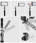 Diagram showing features of G1s RGB Video Light With App Control, 12W Portable LED Camera Light on adjustable tripod and swivel mount.