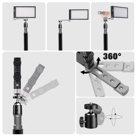 Diagram showing features of G1s RGB Video Light With App Control, 12W Portable LED Camera Light on adjustable tripod and swivel mount.