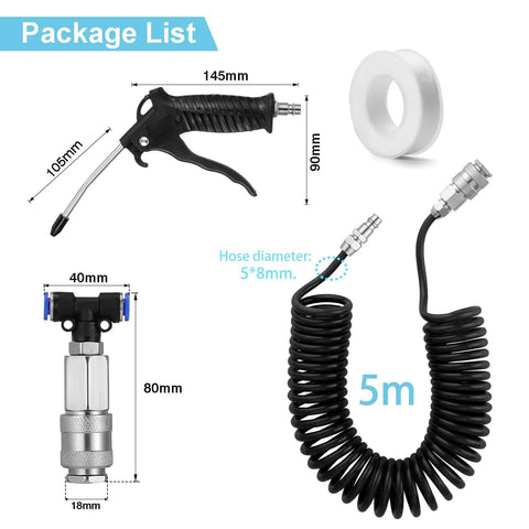 Truck Air Duster Gun With Five Meter Recoil Hose For Cab To Sleeper Seat Cleaning Heavy Duty Air Blow Tool image with hose and connectors.