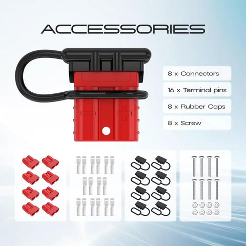 Super Braw Anderson Plug Connectors 50 Amp Heavy Duty Wire Harness components including connectors, terminal pins, caps, and screws.