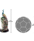 Peacock Sanctuary Sculpture Figurine With 3D Feathers on plinth, detailed plumage, 17 inches tall next to 12-inch sphere for scale.