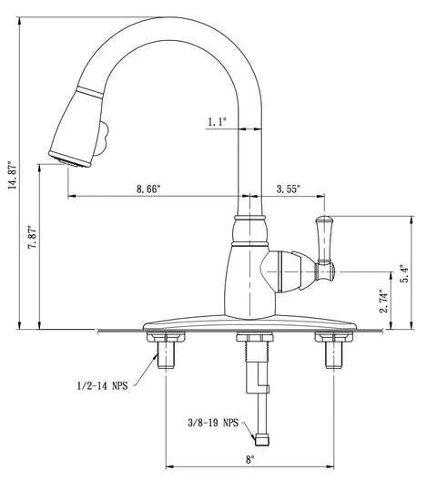 Technical diagram of RV Non Metallic Pull Down Kitchen Sink Faucet With Detachable Sprayer Brushed Satin Nickel Finish Single Lever Handle Aerated And Spray Streams No Fuss Install