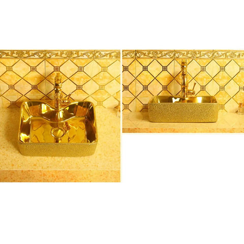 Slick Gold Bathroom Vessel Sink With Prime Ceramic Basin And Top Shelf Faucet Bundle For Modern Above Counter Vanity Setup seen from two angles, showing glossy finish.