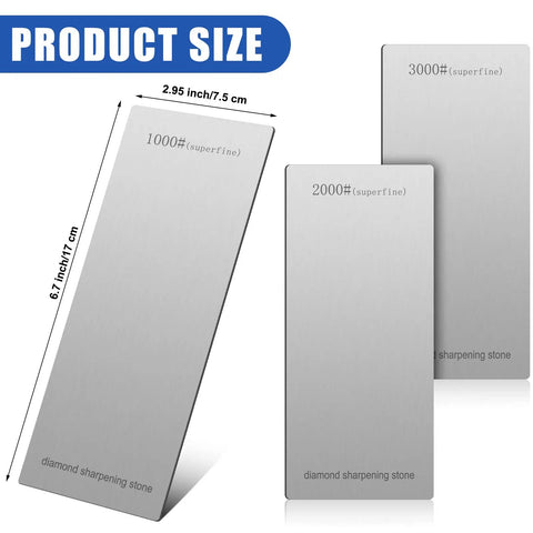 Three Piece Diamond Sharpening Stone Set With 1000 2000 3000 Grit For Kitchen Knives showing size and grit number