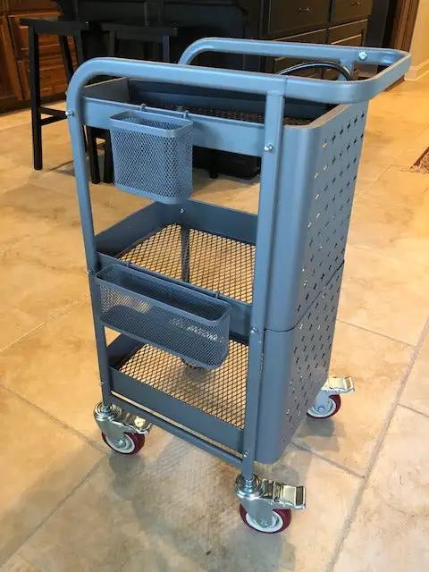 Built Like A Tank 4 Inch Swivel Caster Wheels Featuring Dual Locking Brakes, Silent Pu Polyurethane Glide On M8 Stem, Silky Smooth Furniture Casters, 4 Pack Bundle on grey cart.