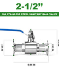 TAISHER 304 stainless sanitary ball valve with blue lever, 2.5 in tube OD, 77.5mm ferrule flange