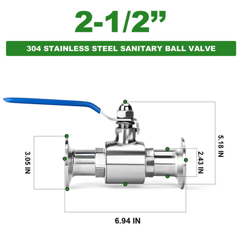 TAISHER 304 stainless sanitary ball valve with blue lever, 2.5 in tube OD, 77.5mm ferrule flange