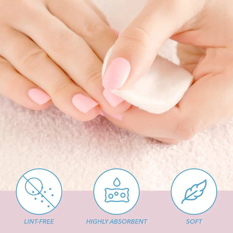 Hands using Lint Free Premium Nail Wipes 1.75 Inch Cotton Rounds for Removing Nail Polish with Easy Grip Tabs Pro Grade Absorbent
