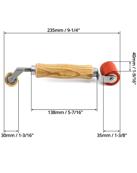 40mm Silicone Seam Roller With 6mm Brass Detail Penny Roller for PVC TPO EPDM roofing with dimensions visible.
