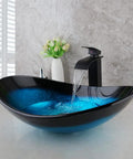 Blue Oval Glass Vessel Sink With Waterfall Faucet And Pop Up Drain Above Counter Bathroom Vessel Sink Artistic Tempered Glass Bowl Modern Dope Boat Shape Design For Stylish Home Renovation