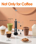 Rechargeable Milk Frother Handheld With 3 Detachable Stainless Steel Whisks 3 Speed Adjustable Electric Whisk Foam Maker Portable Drink Mixer For Coffee Frother Wand With Storage Base And Usb Charging No Fuss with four beverage options and accessories on a countertop.
