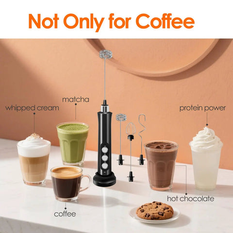 Rechargeable Milk Frother Handheld With 3 Detachable Stainless Steel Whisks 3 Speed Adjustable Electric Whisk Foam Maker Portable Drink Mixer For Coffee Frother Wand With Storage Base And Usb Charging No Fuss with four beverage options and accessories on a countertop.