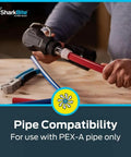Close-up of a hand connecting red and blue PEX-A pipes using a tool, showcasing 1.5 Inch 90 Degree Expansion Elbow For Pex A Pipe Fitting Pack Of 10 Heavy Duty Plastic Plumbing Connector No Sweat Quick Install Water Line Adapter Straight Shooter Performance For Residential Tasks.