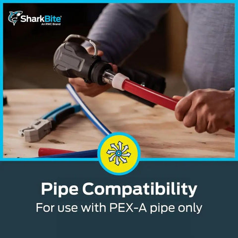 Close-up of a hand connecting red and blue PEX-A pipes using a tool, showcasing 1.5 Inch 90 Degree Expansion Elbow For Pex A Pipe Fitting Pack Of 10 Heavy Duty Plastic Plumbing Connector No Sweat Quick Install Water Line Adapter Straight Shooter Performance For Residential Tasks.