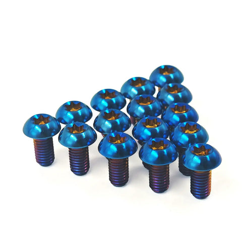 Set of Four Heavy Duty Grade 5 Titanium M5X12mm Bicycle Water Bottle Holder Screws Featuring T25 Torx Heads arranged in a group.