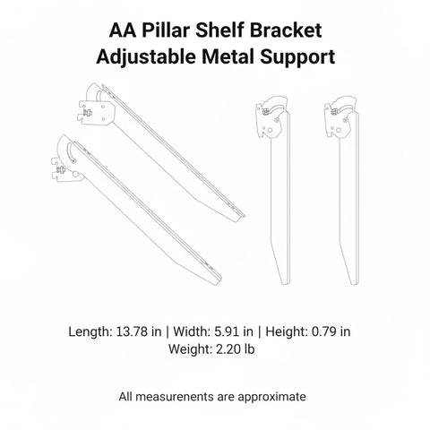 Diagram of adjustable metal shelf bracket for AA pillar slots with dimensions and weight specifications