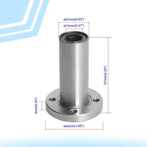 2 Pack LMF12LUU Round Flange Linear Ball Bearing With 12Mm Bore And 21Mm OD Heavy SA52100 Carbon Steel angle view showing dimensions.