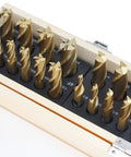 End mill set, 20-piece, TiN-coated HSS in wood storage case (front view)