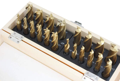 End mill set, 20-piece, TiN-coated HSS in wood storage case (front view)