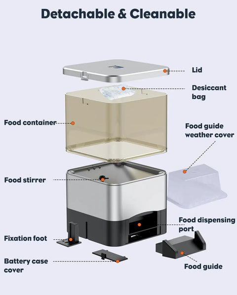 Detailed view of No Sweat Automatic Fish Feeder For Koi Ponds featuring detachable parts for easy cleaning and maintenance.