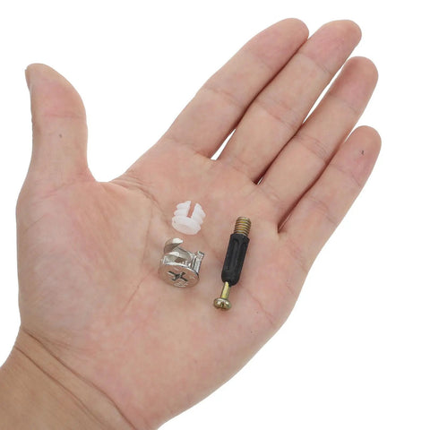 Hand holding components of 30 Sets Cam Lock Fittings Kit For Wardrobe And Drawer With M6 Cam Screws And Nuts, Zinc Alloy And Plastic Construction