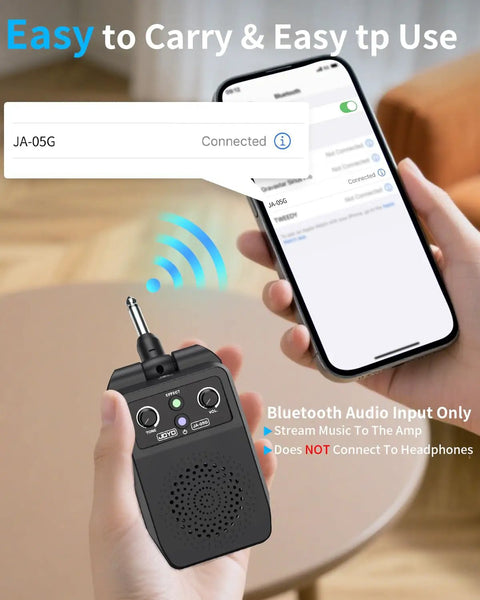 Compact 5W Practice Guitar Amp With Bluetooth And Rechargeable Battery shown connecting to smartphone via Bluetooth.