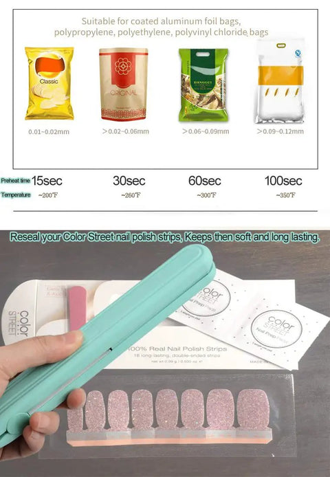 Portable Handheld Heat Sealer For Food Plastic Bags And Mylar Aluminum Foil Packaging Quick Warm Up Resealing Tool in hand with nail polish strips.