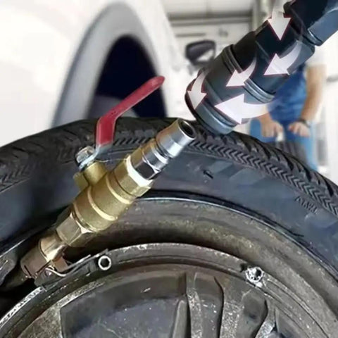 Close-up of Straight Up Slick Lock On Tire Inflator Chuck Quick Release Valve attached to a tire valve for easy inflation.