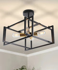 Industrial Farmhouse 4 Light Semi Flush Mount Ceiling Fixture In Black And Gold Metal Close To Ceiling For Dining Room Kitchen Island Foyer Bedroom For Modern Homes, shows metal frame with exposed bulbs.