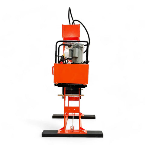 Heavy Duty 100 Ton Shop Press With Dual Hydraulic Rams And 125 PSI Air Assist side view, showcasing electric motor and welded steel frame.