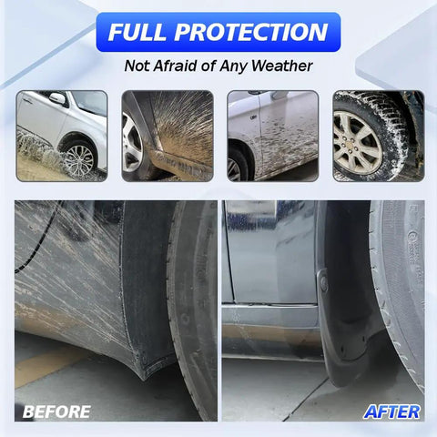 Tesla Model 3 Mud Flaps Set Of Four Front And Rear Splash Guards Custom Fit 2024 To 2026 showing before and after mud protection.